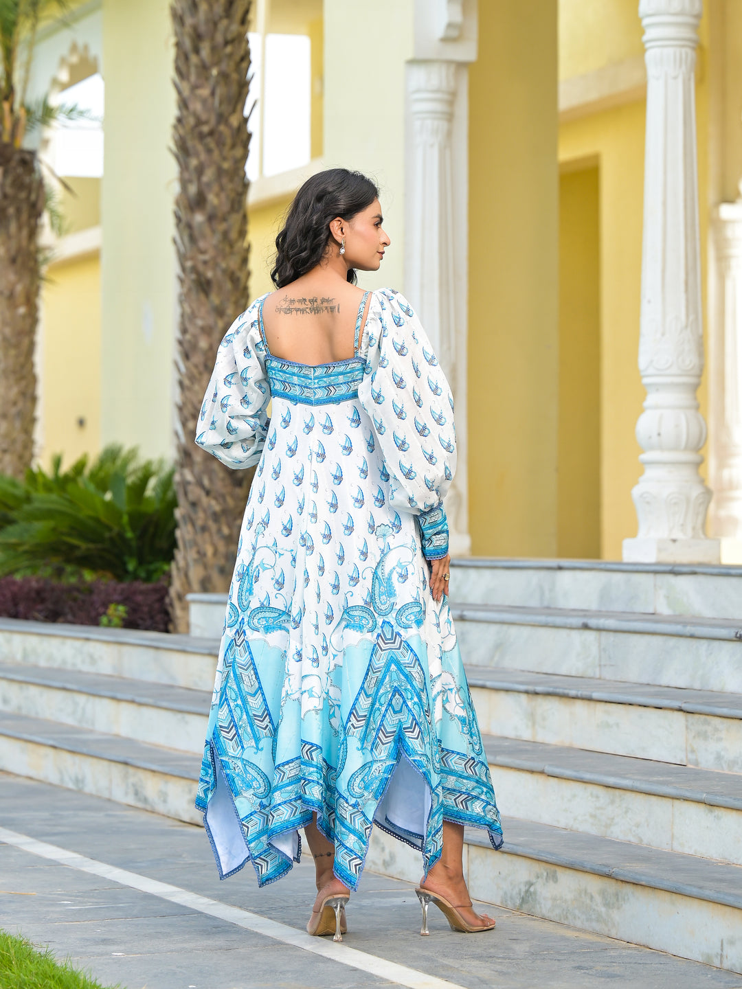 bohemian handkerchief dress Midi Dress with Unique Patchwork Design Denim / Medium