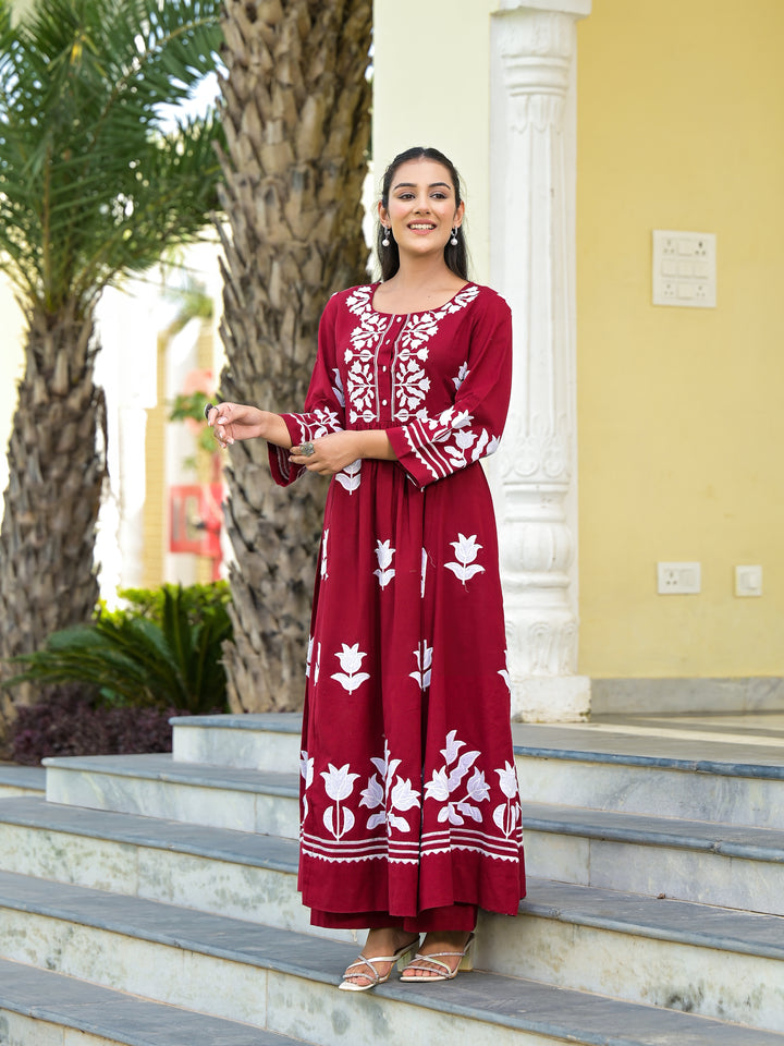 MOONLIT - GATHERED KURTA & PALAZZO (MAROON)