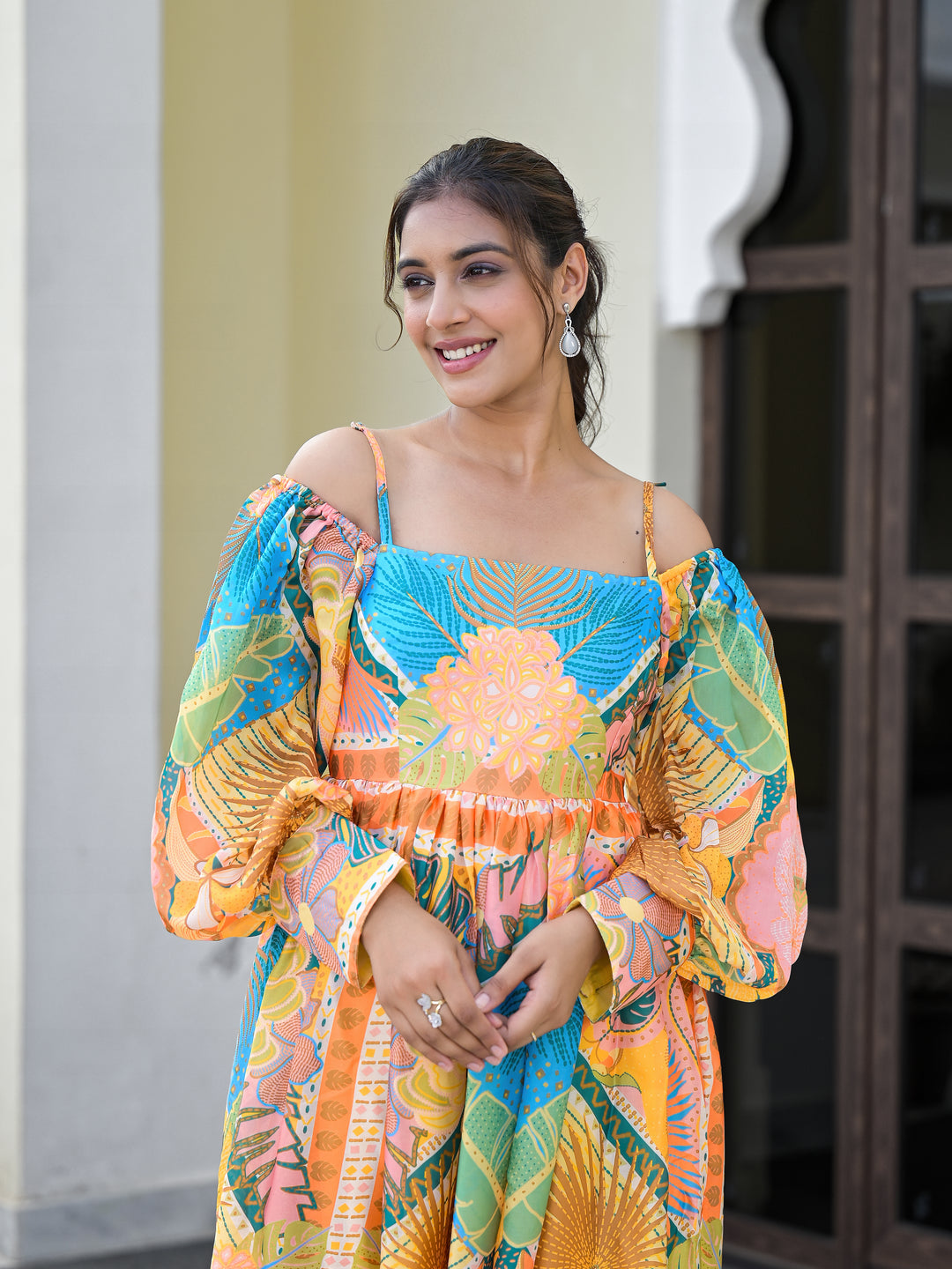 MOSS PATH - OFF THE SHOULDERS DRESS  (MULTI PATTERNED)