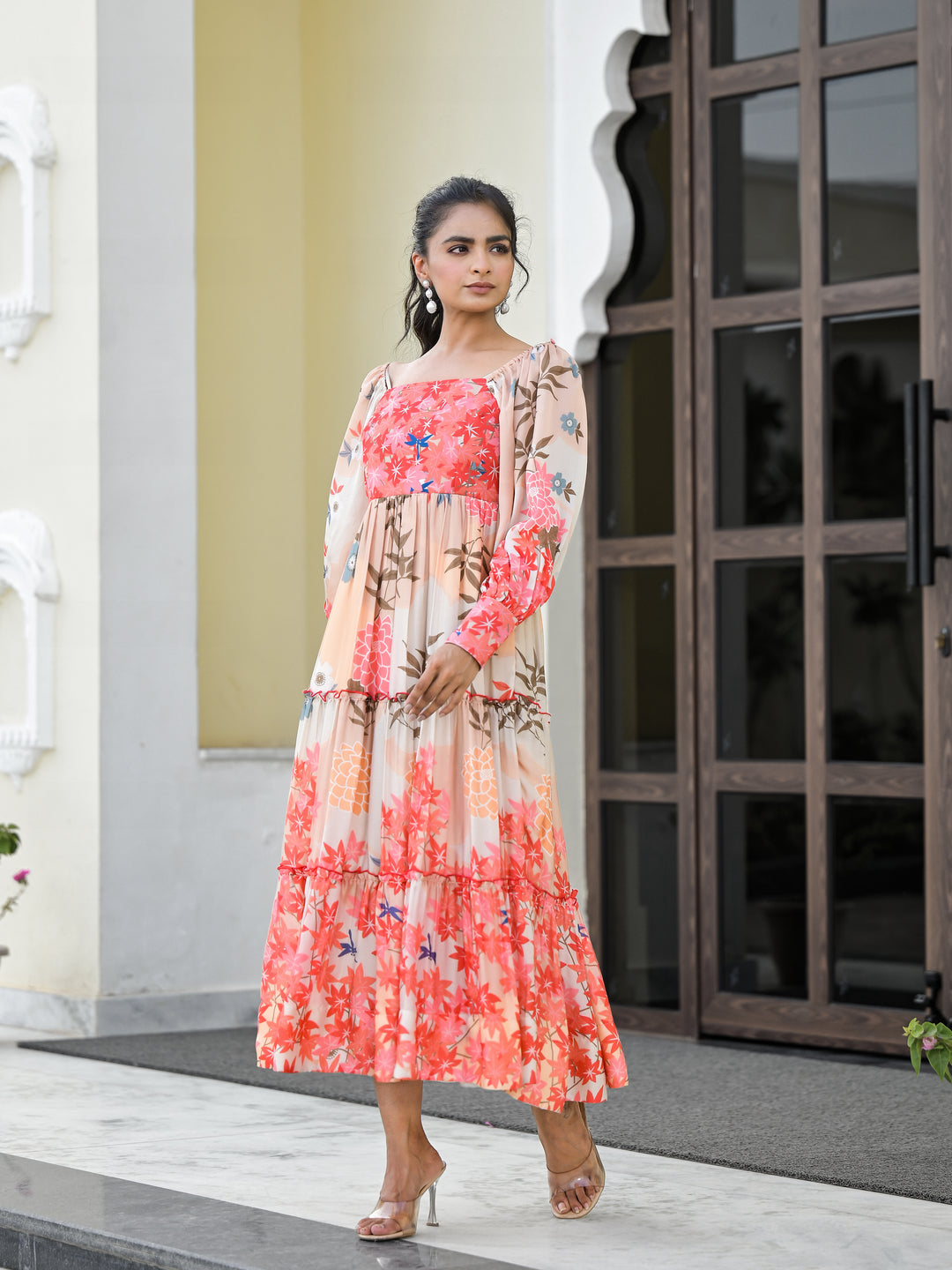 off shoulder maxi dress online india Indian Floral Off Shoulder Smocked Maxi Dress VitansEthnics