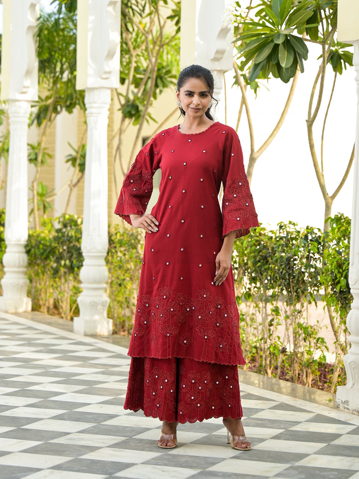 Vaami - Scallop Kurta & Palazzo (Deep Maroon)
