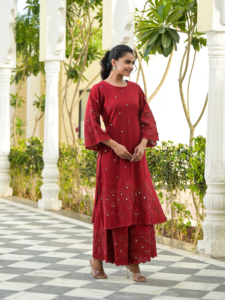 Vaami - Scallop Kurta & Palazzo (Deep Maroon)
