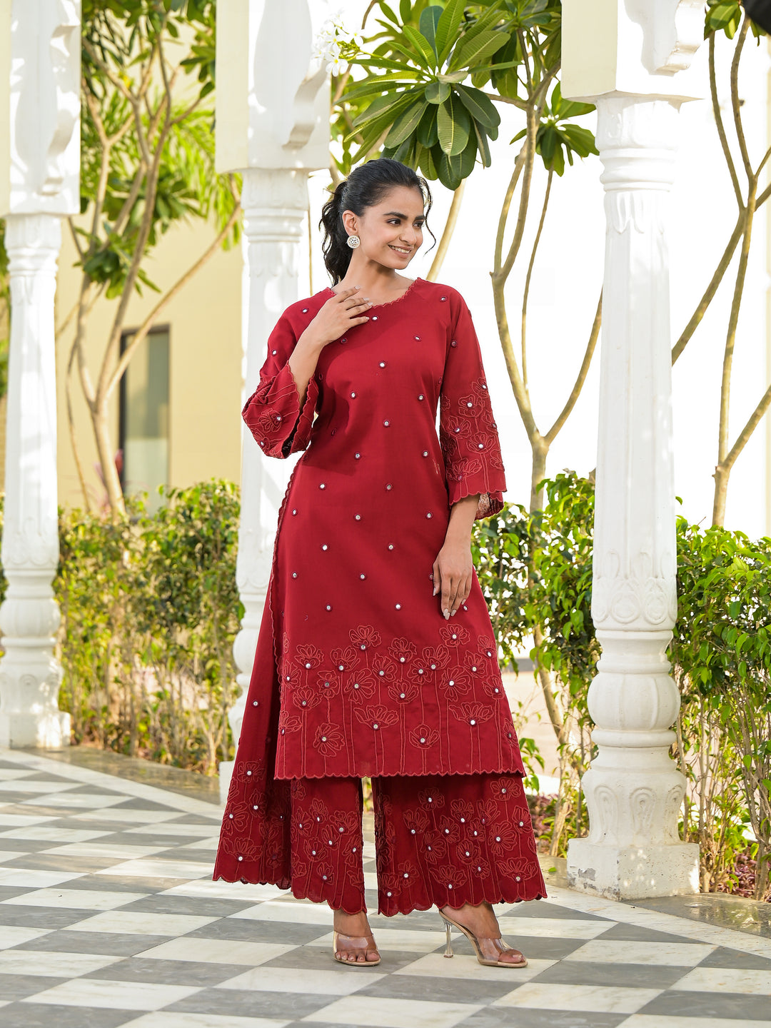 Vaami - Scallop Kurta & Palazzo (Deep Maroon)