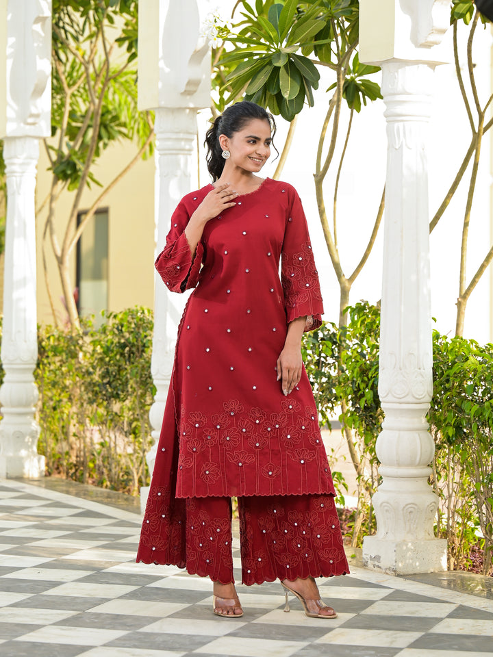 Vaami - Scallop Kurta & Palazzo (Deep Maroon)