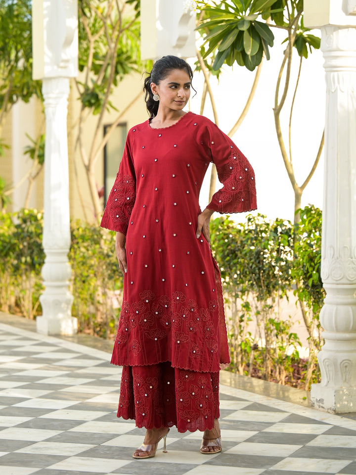 Vaami - Scallop Kurta & Palazzo (Deep Maroon)