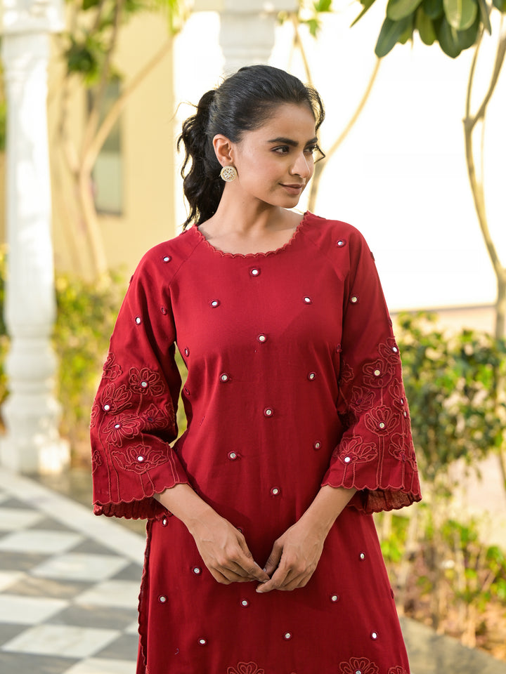 Vaami - Scallop Kurta & Palazzo (Deep Maroon)