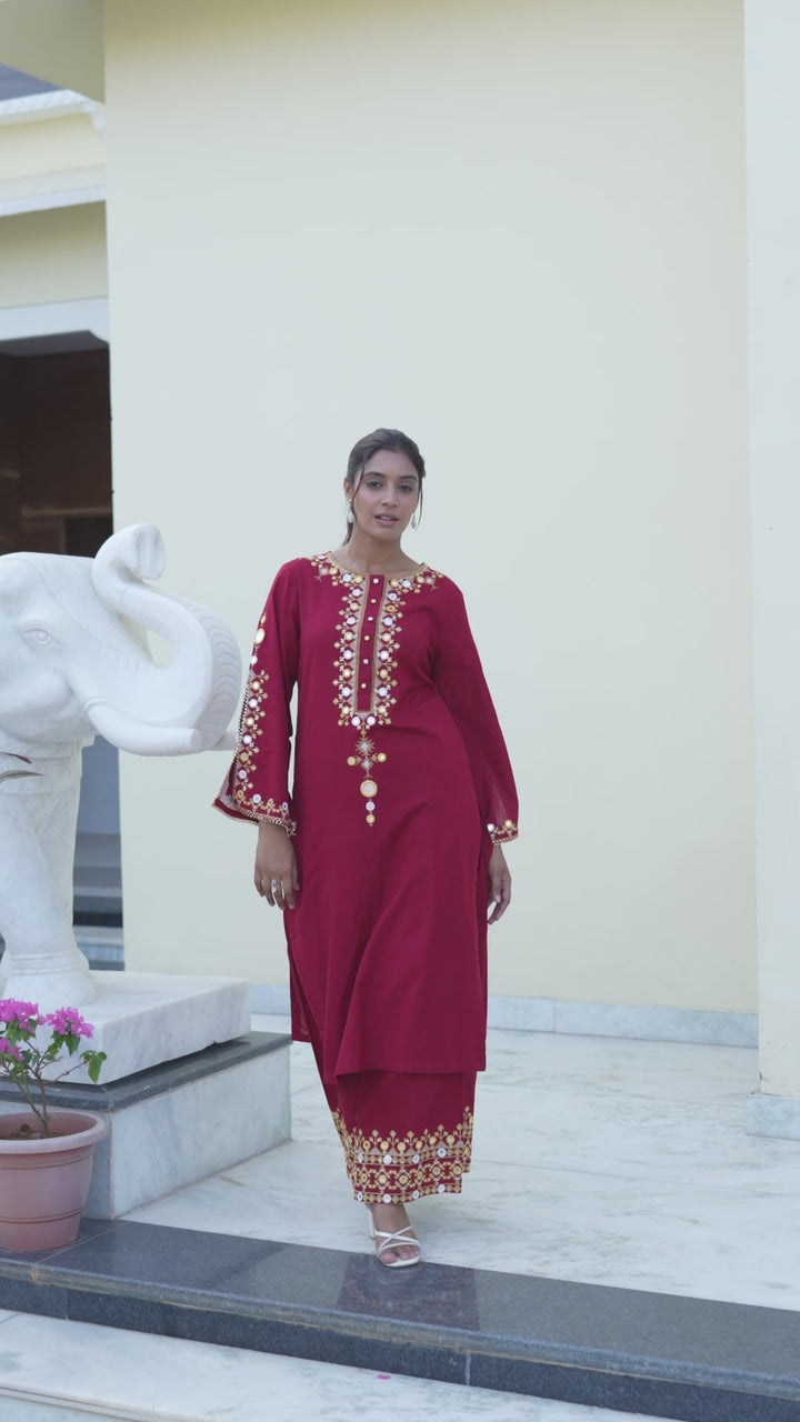 Aanta - Straight Kurta & Palazzo (Maroon)