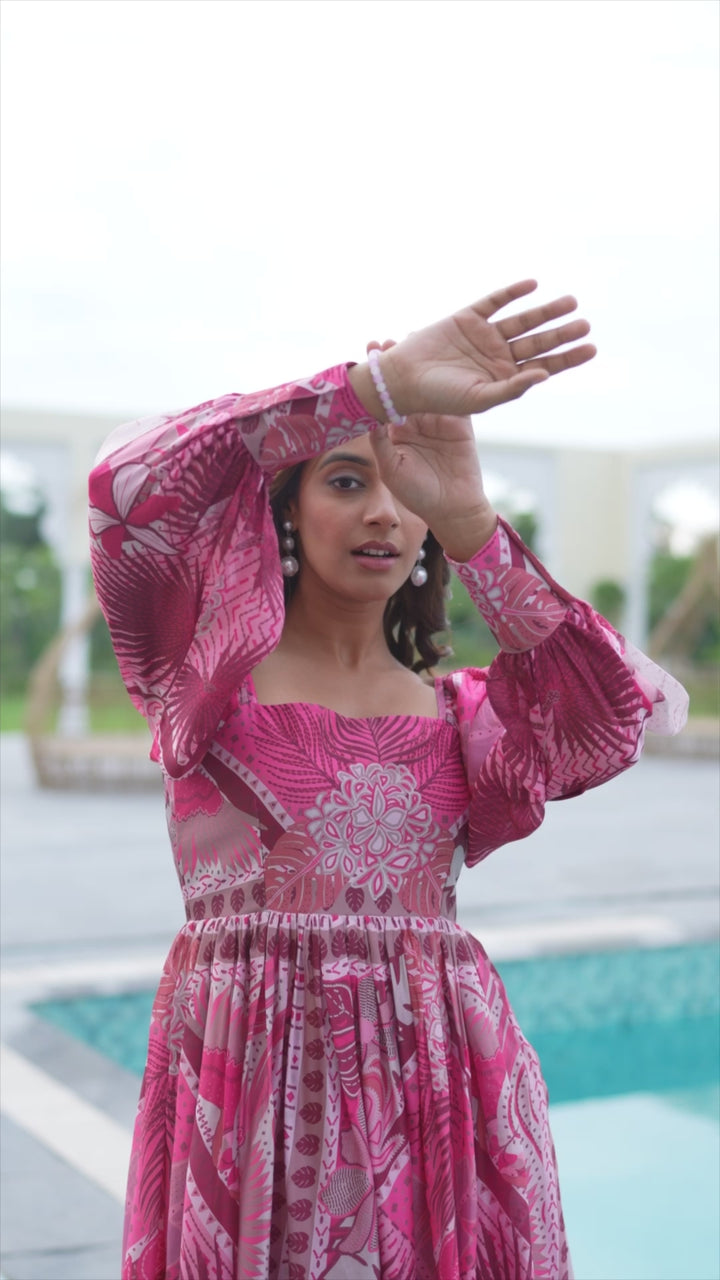 Moss Path - Off The Shoulders Dress  (Pink Patterned)